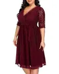 Plus Size Lace Chiffon Wrap V Neck Midi Dress