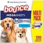 Bounce Pet Hair and Lint Guard Mega Dryer Sheets, 3X Pet Hair Fighters, Unscented, 130 Count