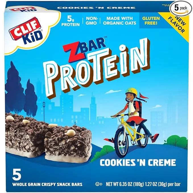 Clif ZBar Cookies'N Cream Kids Protein Bar - Case of 6/5 pack, 1.27 oz