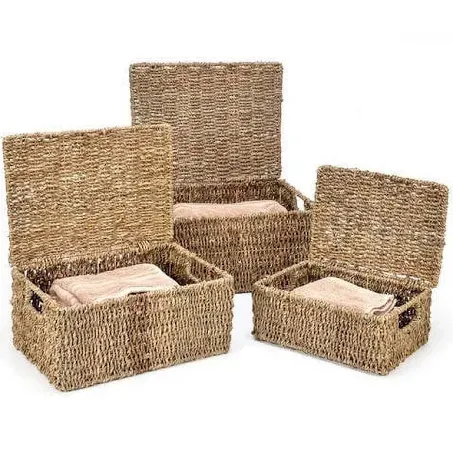 Trademark Innovations Rectangular Seagrass Baskets with Lids (Set of 3)