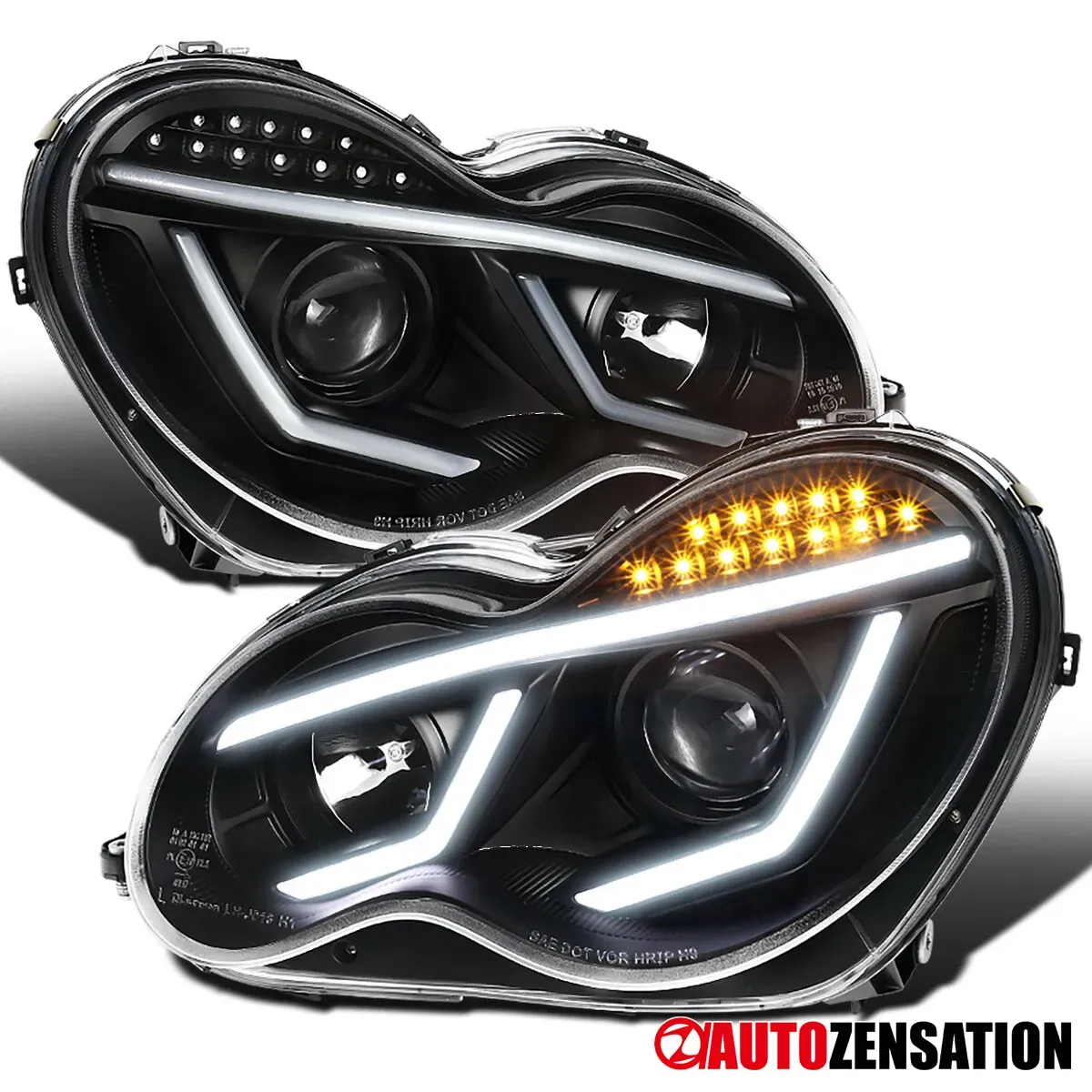 Fits 2001-2007 Mercedes Benz W203 C230 C240 LED Strip Projector Headlights Black