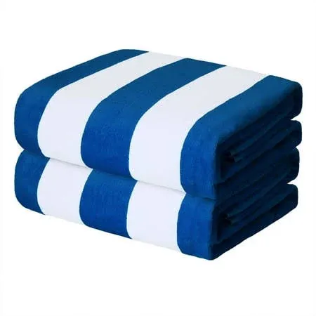 Exclusivo Mezcla 2-Pack Cotton Oversized 35 inchx70 inch Cabana Stripe Beach Towels, Super Absorbent Soft Plush Pool Towel, Bath Towel (Ocean Blue),