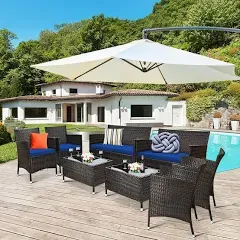 Costway 8PCS Rattan Patio Furniture Set Cushioned Sofa Chair Coffee Table Red\Brown\Turquoise