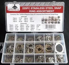 225pc GOLIATH INDUSTRIAL SSSR225 STAINLESS STEEL SNAP RING ASSORTMENT