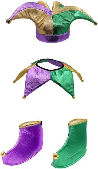 Nicky Bigs Novelties Adult Clown Court Jester Hat Collar Shoes Joker Accessories Set Costume 3 Piece Kit