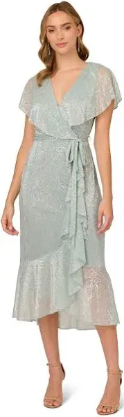 Floral Metallic Stencil Midi-Length Mermaid Dress With Capelet In Sea Glass