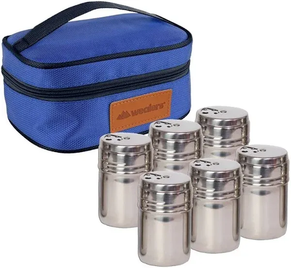 Wealers 6 Piece Stainless Steel Spice Shaker Jars Salt and Pepper Holder BBQ Spice Herbs 3 Size Cover with Bag for East Travel, Great for Home or Outdoor Use,