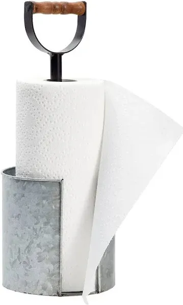 Kitchen Paper Towel Holder for Countertop with Wooden Handle, Galvanized Farmhouse Decor (6 x 16 in)