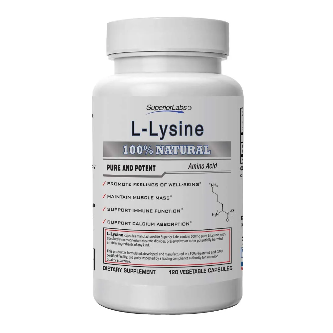 Superior Labs – Best L-Lysine NonGMO Dietary Supplement –500 mg Pure Active L-Lysine – 120 Vegetable Capsules – Supports Calcium Absorption – Immune