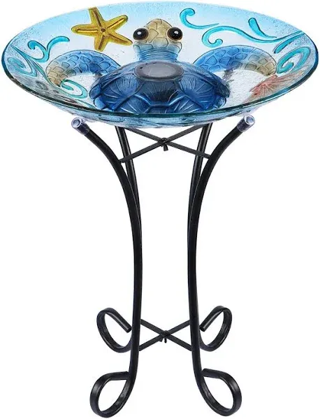 MUMTOP Glass Bird Bath, Bird Baths for Outdoors, Solar Bird Feeder with Metal Stand for Garden, Yard, Lawn Decor sea Turtle Pattern(Blue, 21.5"X18")