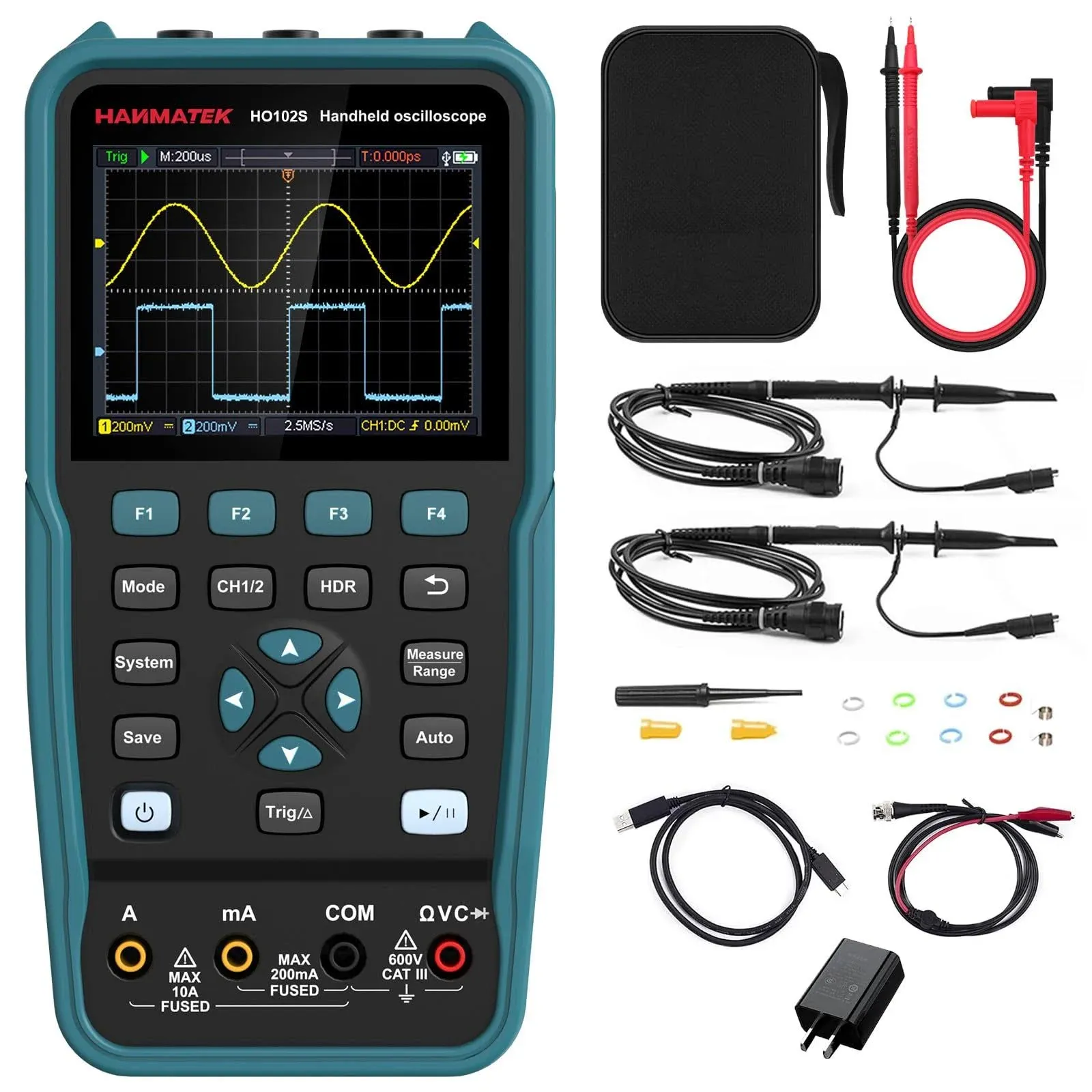 HANMATEK 3 in 1 Handheld Oscilloscope Multimeter with 2 Channels HO52S 3.5"TFT Oscilloscop, 50MHz Waveform Generator Multimeter Backlit Screen,