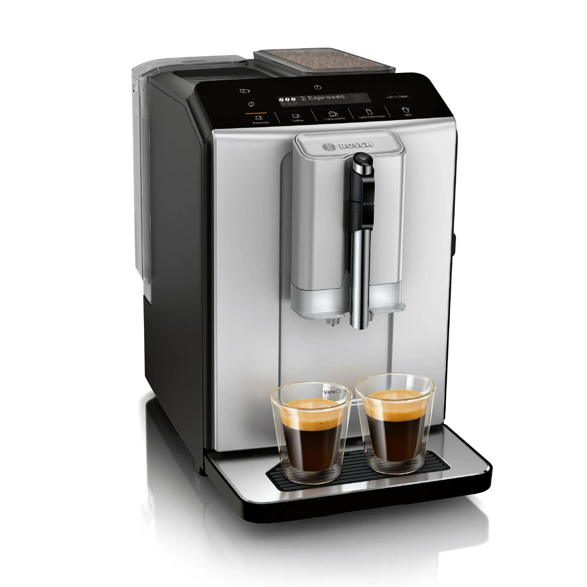 Bosch TIU20307 Serie 300 Máquina espresso totalmente automática con Milk Express (espumador en taza), LCD + panel de control táctil, bebidas a base de leche OneTouch y 5 opciones de bebidas, en plata