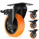 4 inch Swivel Caster Wheels with Safety Total Lock, Total Capacity 1200lbs, 360 Degree Heavy Duty Plate Casters (Pack of 4,Orange)