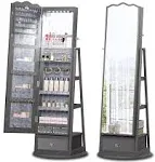 HWB Full-Length Mirror Jewelry Cabinet Standing with Lights - Ample Storage Drawer, 360° Rotating, Book Shelf, 3 Colors LED Lighting - Stand Up