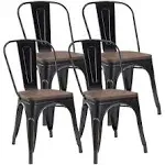 Shahoo Metal Dining Chairs Classic Iron Stackable Industrial Vintage Trattoria Wooden Seat and Back, Indoor-Outdoor Side Settee for Home Bistro Cafe Kitchen Restaurant Set of 4, Gun