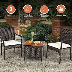 HAPPYGRILL 3-Piece Patio Bistro Set with Coffee Table, Umbrella Hole, Rattan Wicker