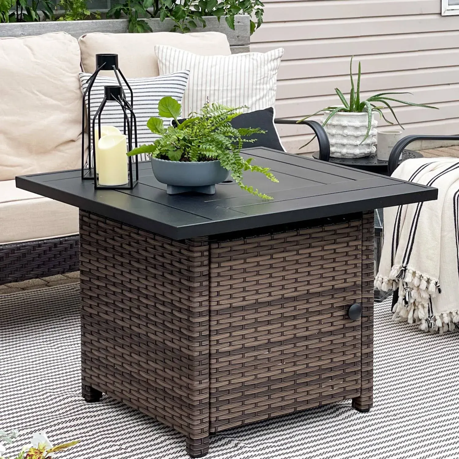 50,000 BTU Patio Fire Pit Table with Rattan Side Boards-PHI VILLA