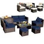 8 PCS Outdoor Wicker Furniture Set w/Storage Box Tempered Glass Table 2 Ottomans