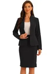 Allegra K Women's Office Work Collarless Blazer Pencil Skirt Business Suit Set 2 Pcs