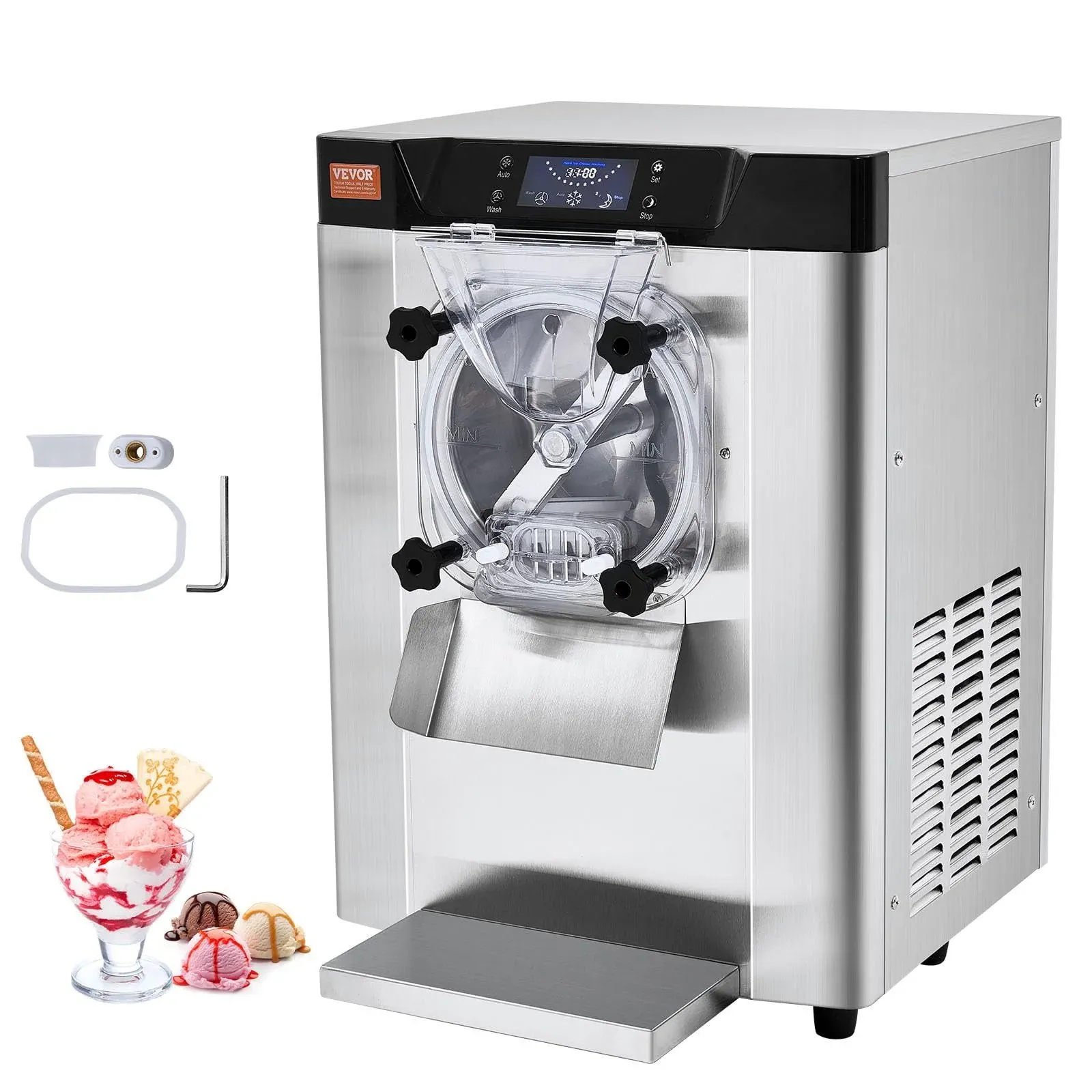 VEVOR Commercial Ice Cream Machine, 12 L/H Yield, 1713W Single Flavor Countertop Hard Serve Ice Cream Maker, 4.5L Stainless Steel Cylinder, LED Panel Auto Clean Pre-cooling, for Restaurant Snack Bars