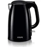 Krups Cool Touch Plastic and Stainless Steel Electric Kettle 1.5 Liter 1500 Watts Double Wall, Fast Boiling, Auto Off, Keep Warm, Cordless Black