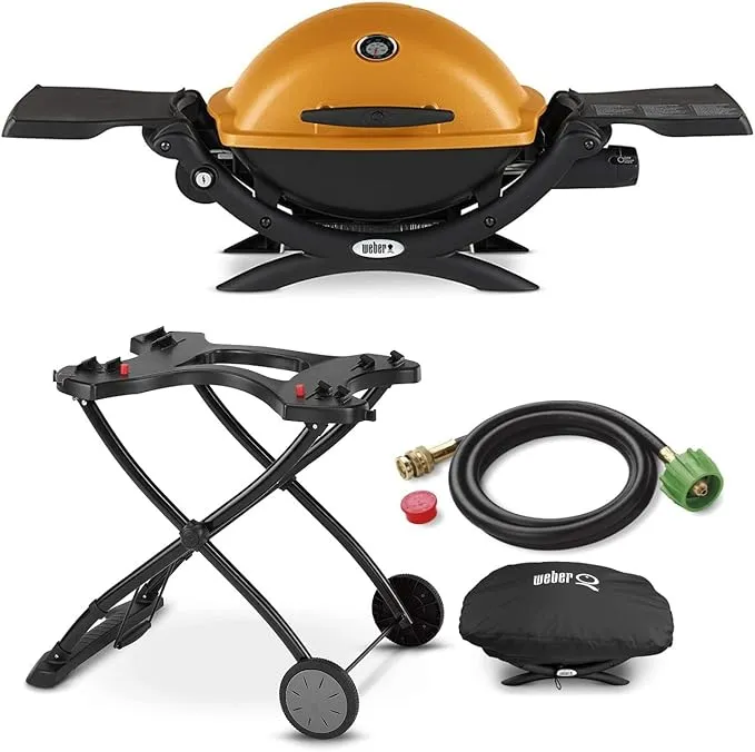 Weber Q1200 Liquid Propane Grill (Orange) Bundle with Portable Cart, Adapter Hose and Grill Cover (4 Items)