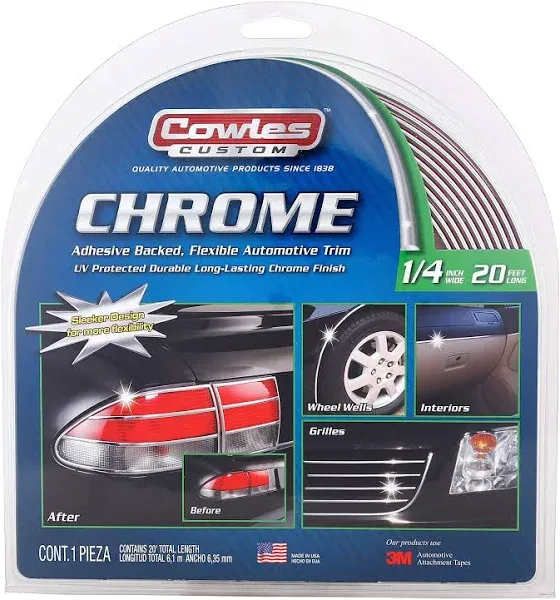 COWLES Custom - Premium Universal Body Molding for All Vehicles - Easy Install, Chrome Finish, 1/4" by 20 feet, UV Protected, Long Lasting Flexible PVC