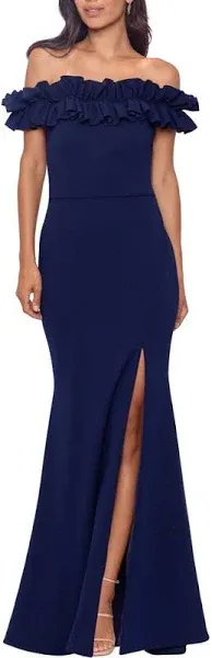 Xscape Women's Long Crepe Over-The-Shoulder Ruffle Gown