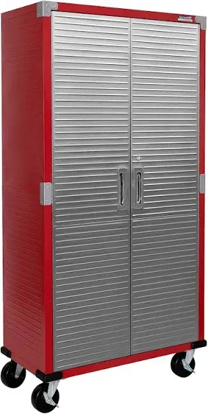 Seville Classics UltraHD Solid Steel Rolling Lockable Metal Storage Cabinet Locker Organizer w/Adjustable Shelves for Garage, Warehouse, Office, Classroom, 36" W x 18" D x 72" H, Red