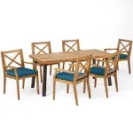 Christopher Knight Home Justin Outdoor 7 Piece Acacia Wood Dining Set, Teak Finish/Rustic Metal/Crème