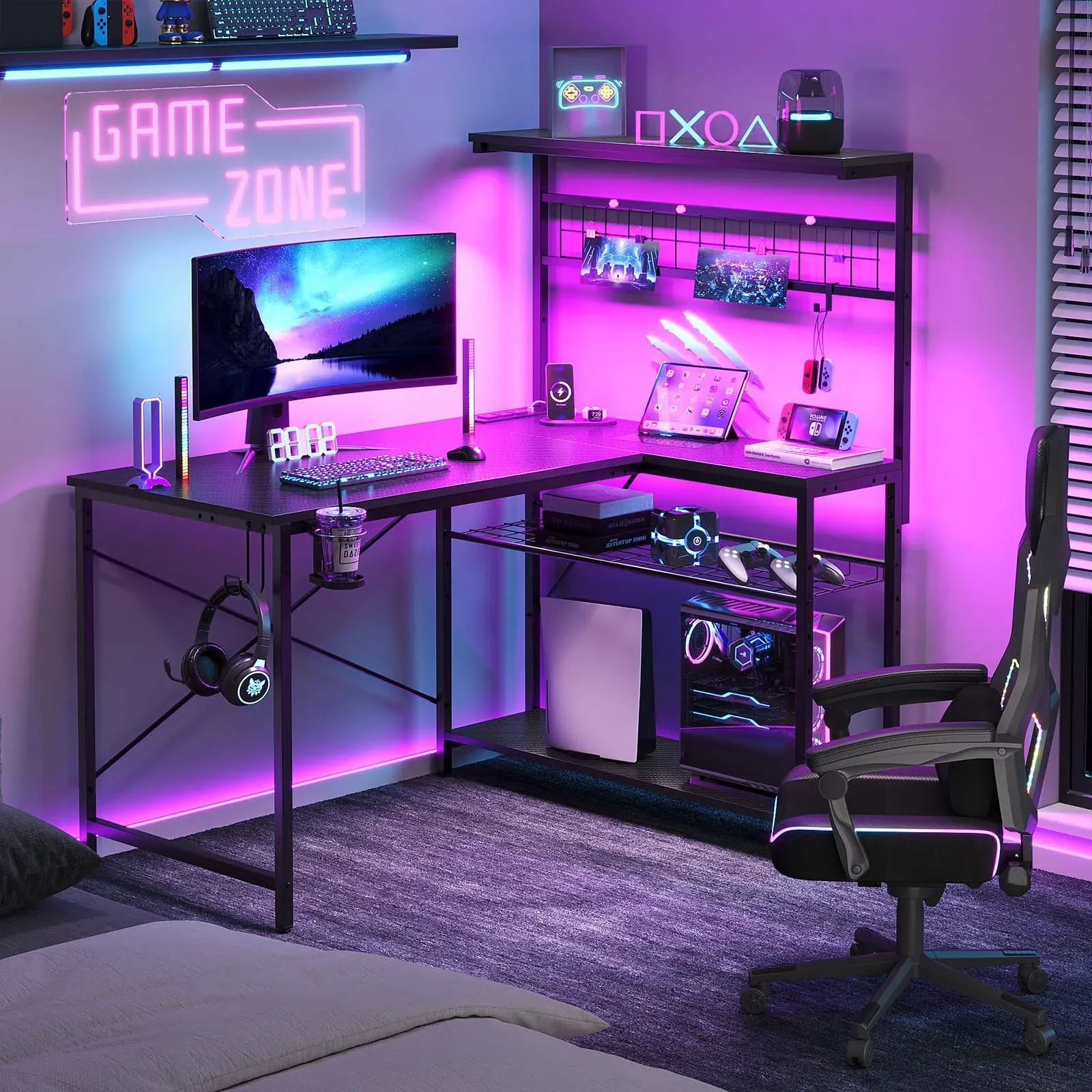 Bestier Gaming Desk with Power Outlets,42 Computer Desk with LED Lights ...