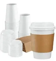 50 Sets 16 oz. Disposable White Coffee Cups with White Lids, Sleeves Paper Cups