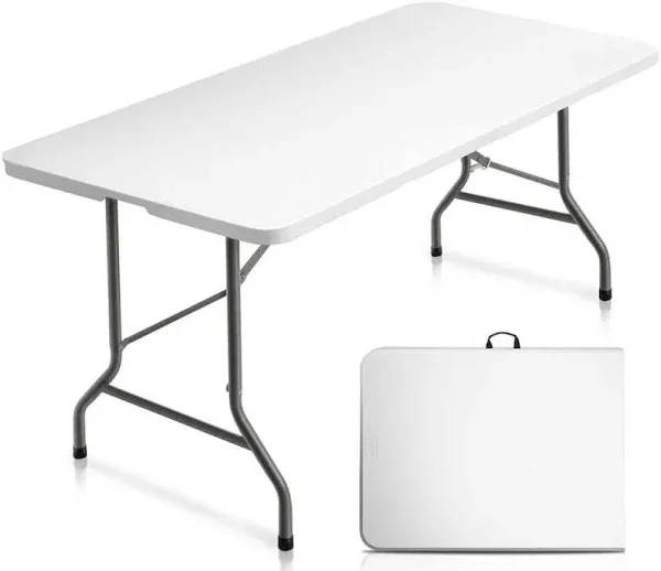 VINGLI 6 Foot Plastic Folding Table Portable Long White Table for Indoor Outdoor Use Rectangular with Carrying Handle