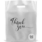 Rainbows & Lilies 100 Thank You Bags,12x15 Plastic Bags with Handles, Shopping Bags for Small Business, Clothes, Gifts, Goodie Bags, Retail Bags, Bulk Gift Bags - Thick Reusable Bags (Silver)