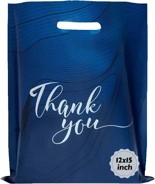 Thank You Bags - 12x15 Plastic Bags with Handles - Bulk Gift Bags - Black