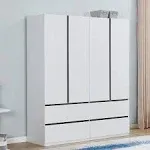 Modmakers 74.2" Tall 4-Doors 4 Drawers White Wardrobe Armoire Closet, Wood Minimalist Freestanding Storage Cabinet for Bedroom Bathroom with Hanging