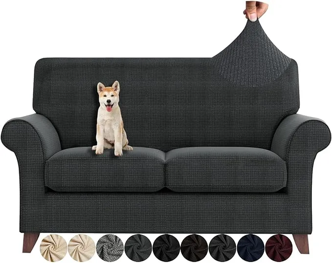 ZNSAYOTX 3 Piece Loveseat Covers for Living Room Anti Slip Stretch Couch Covers for 2 Cushion Couch Pets Dogs Sofa Slipcover Machine Washable Furniture Protector (Dark Grey, Loveseat)