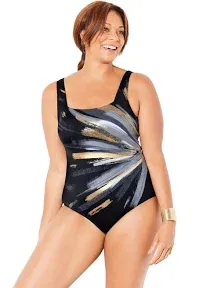 Plus Size Women's Chlorine Resistant Square Neck Tummy Control One Piece Swimsuit by Swimsuits For All