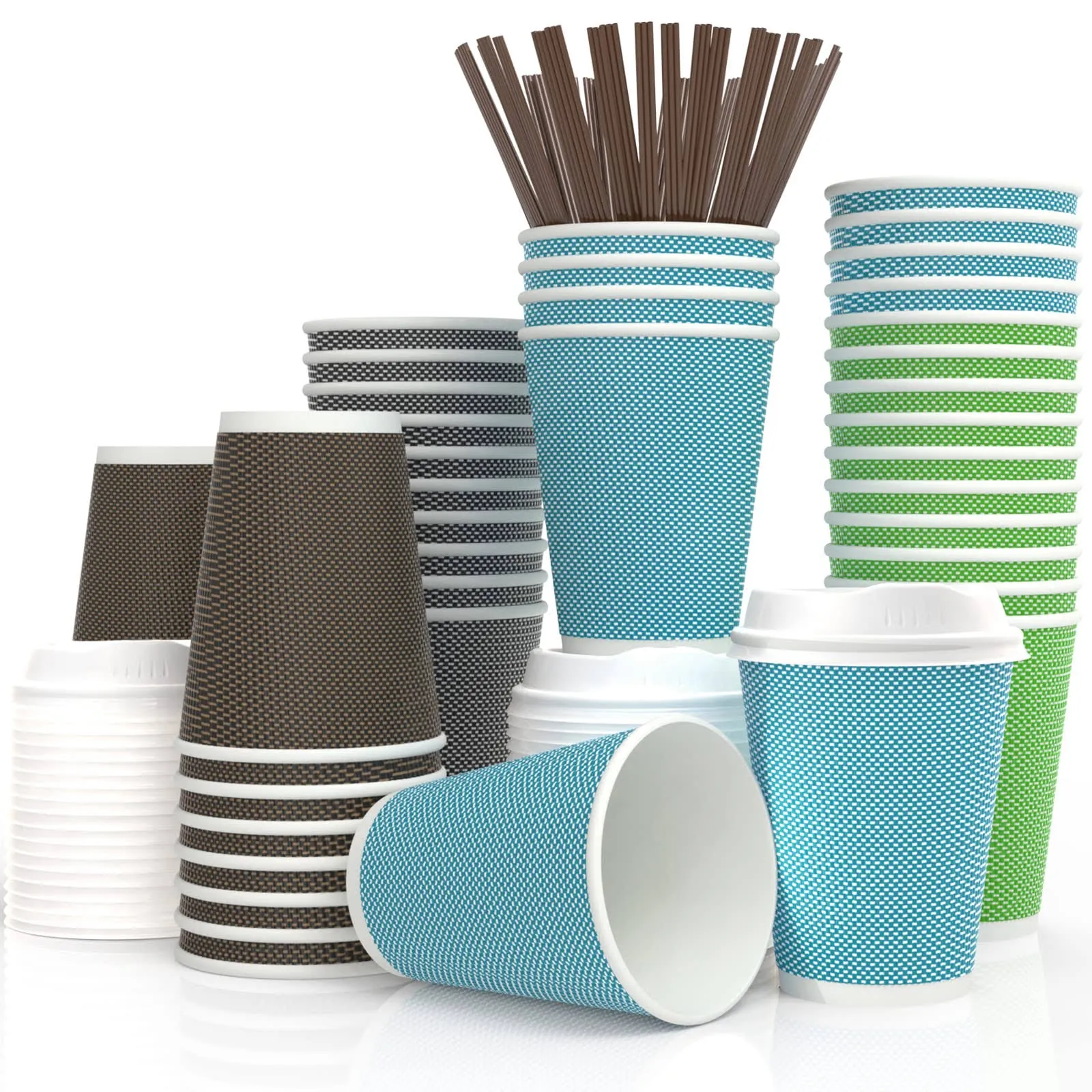 Mrcup 12oz Insulated Triple Wall Paper Coffee Cups with Lids and Straws (40 Pack)