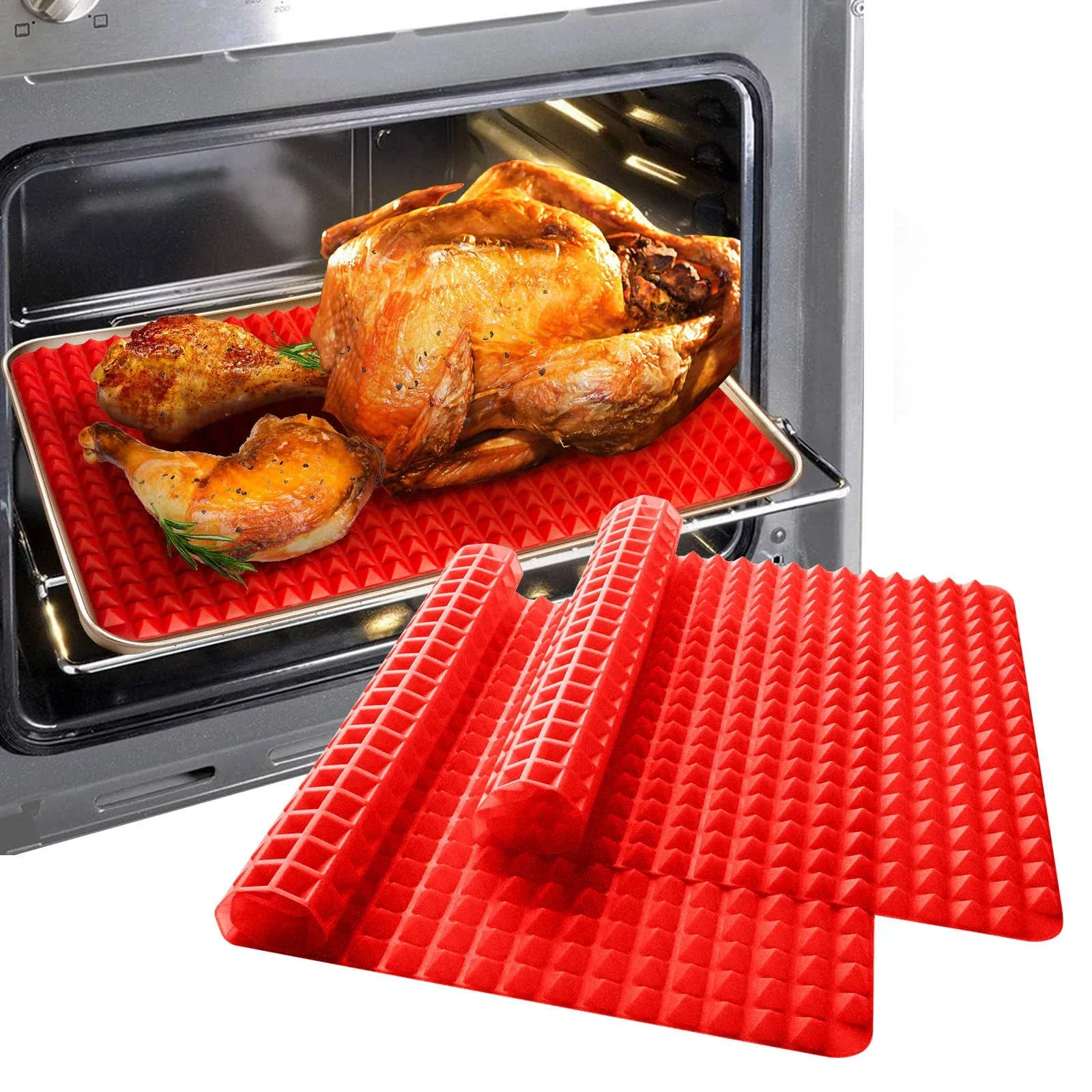 Amy Sport Silicone Baking Mat Cooking Pan 16x11 2 Pack Large Non-Stick Healthy Fat Reducing Sheet for Oven Grilling BBQ (2 Pack-Red Large)