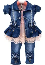 Peacolate Spring Autumn Little Girls Clothing Set 3pcs Long Sleeve T-Shirt Denim Jacket and Jeans