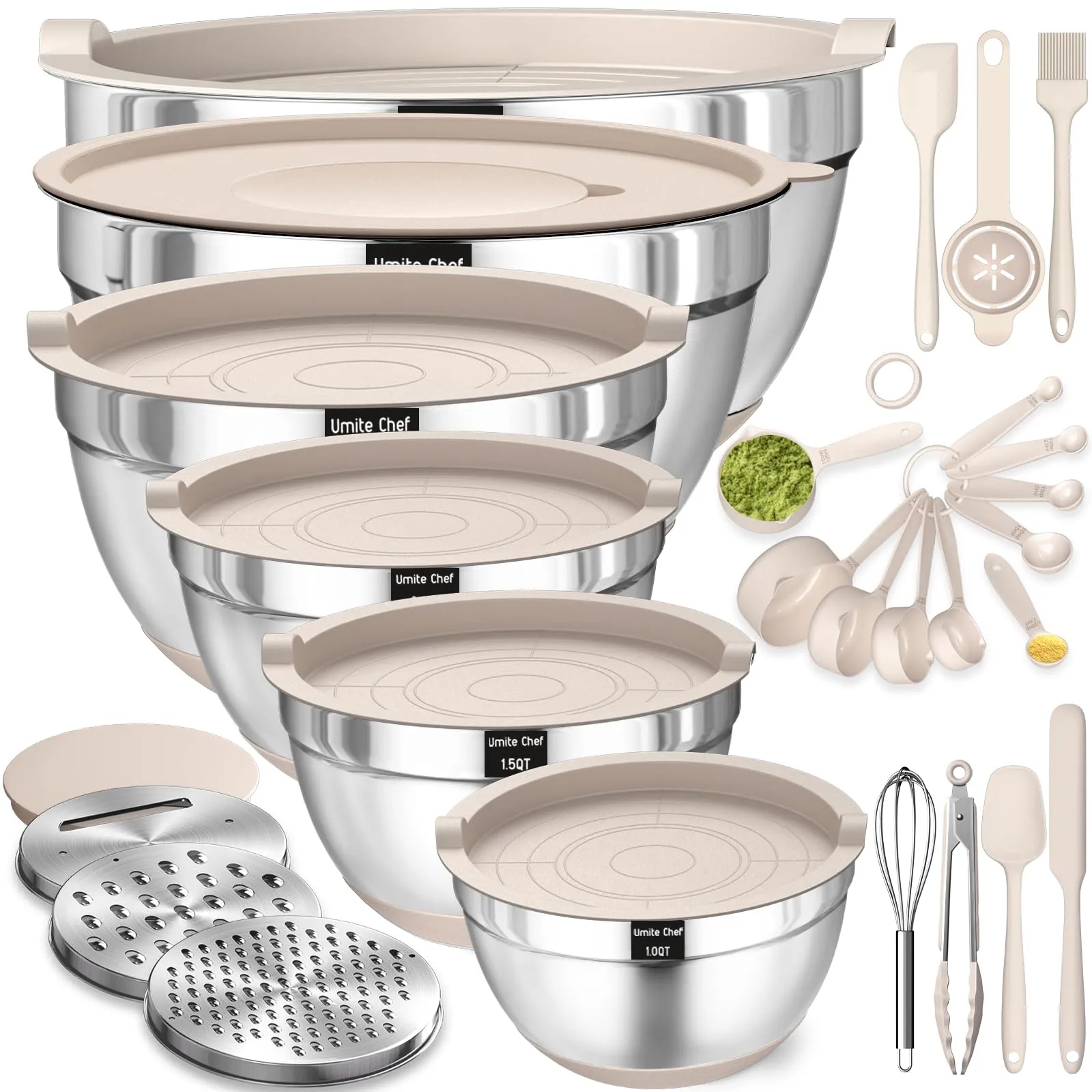 Adrinfly 26-Pcs Stainless Steel Khaki Mixing Bowls Set with Airtight Lids and 3-Grater Attachments