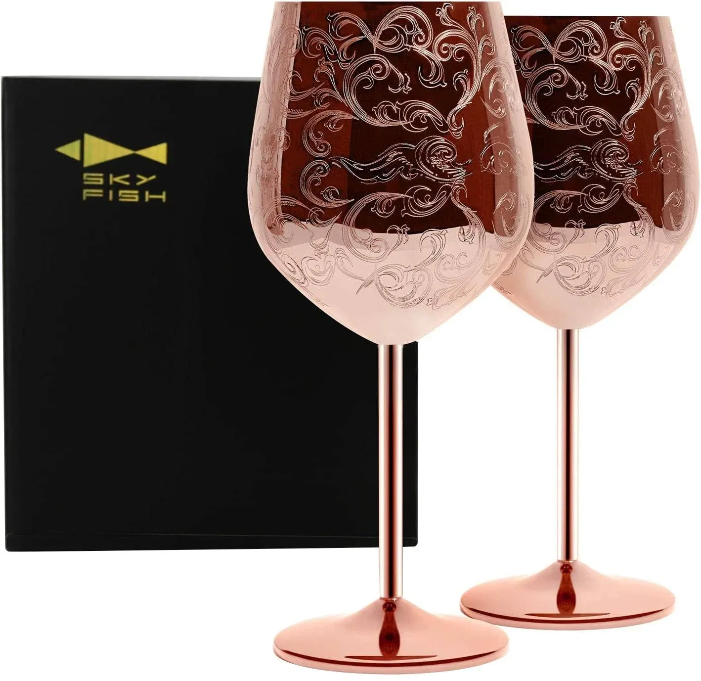 Etched Stainless Steel Wine Glasses With Copper Plated,Set of 2(17oz) Wine Go...