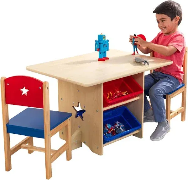 KidKraft Wooden Star Table & Chair Set with 4 Storage Bins, Children's Furniture – Red, Blue & Natural