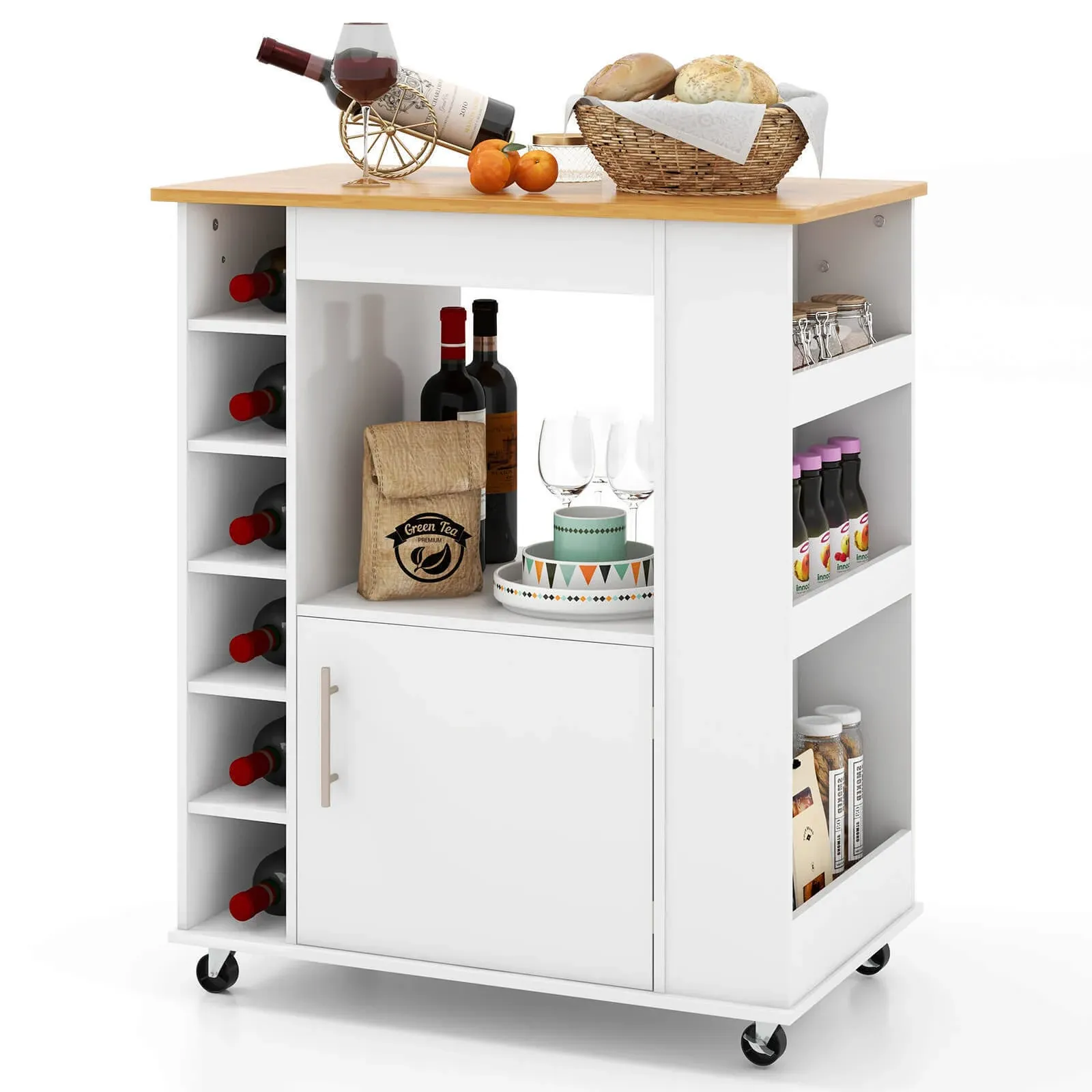 Kitchen Cart On Wheels with Bamboo Top and 6-Bottle Wine Rack-White | Costway