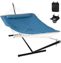 ANOW Outdoor Double Hammock with Stand, Portable Hammock with Detachable Pillow and Hammock Pad for Outdoors Indoors, 450 LBS Weight Capacity, Blue Seaside