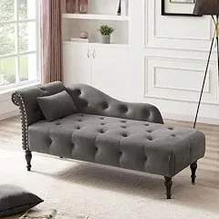 Grey 60.6" Velvet Lounge Buttons Tufted Nailhead with Solid Wood Legs 1 Pillow Classic Mid-Century Modern Nailheads