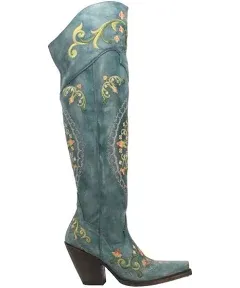 Dan Post Womens Flower Child Snip Toe Dress Boots Over the Knee High Heel 3" & Up - Blue