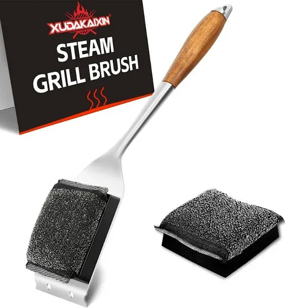 XUDAKAIXIN Grill Brush.Bristle-Free Safety Design,Upgraded Steel Fiber Steam Brush for Water Activated,with 1 Replacement Head,Grill Cleaner