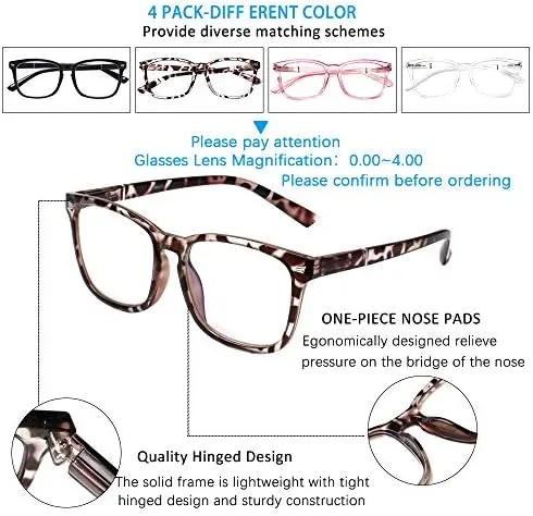 Henotin 4-Pack Blue Light Blocking Reading Glasses Women Men,Spring Hinge Computer Readers,Anti UV Ray Square Nerd Eyeglasses (4 Mixed Color, 0.75)